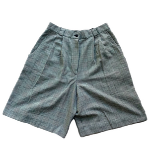 Houndstooth Plaid High Rise Pleated Academia Trouser Long Loose Shorts 80s 90s